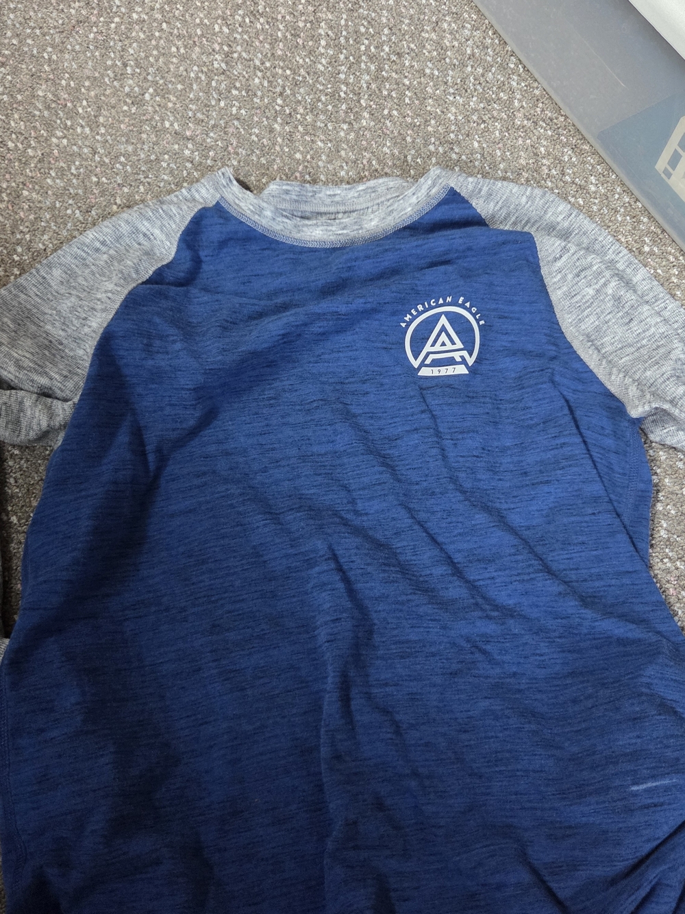 American Eagle Outfitters Blue Tee with Gray Raglan Sleeves